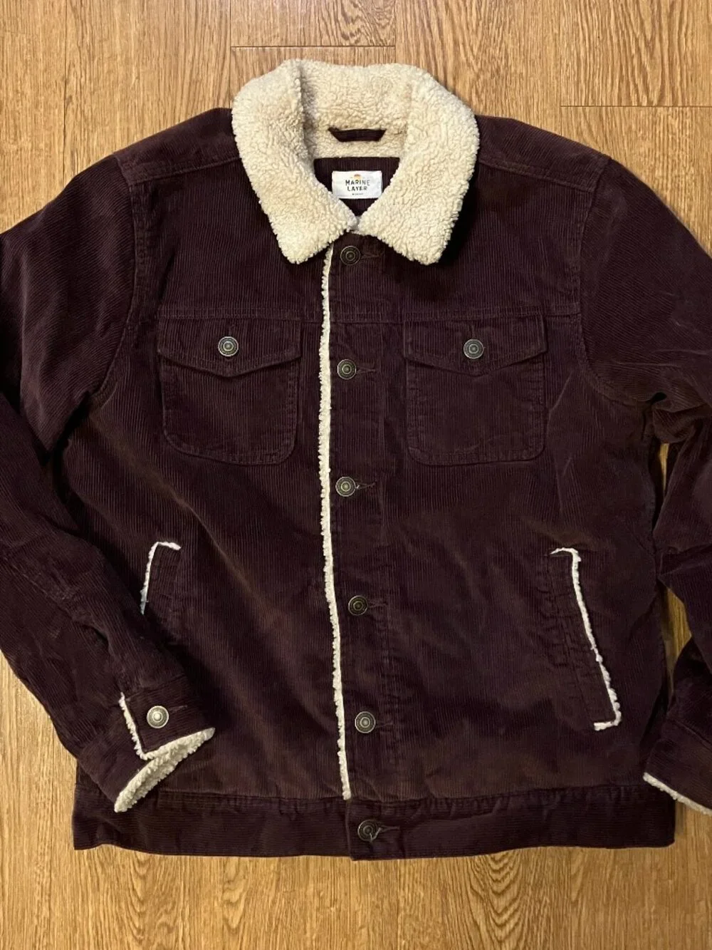 Marine Layer Boise Corduroy Sherpa Trucker Jacket Men's Medium Burgundy Brown
